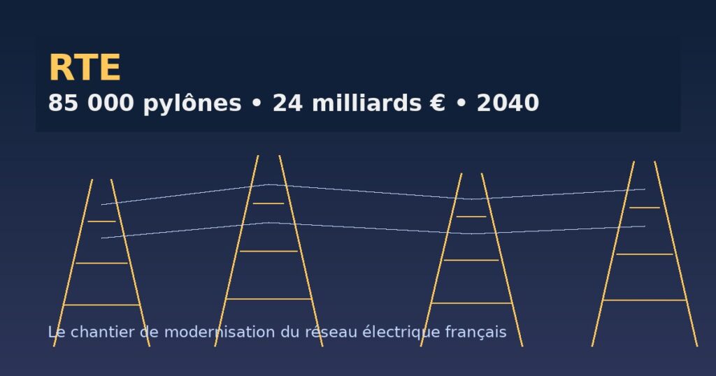 Pylônes électriques haute tension du réseau RTE — chantier de remplacement de 85 000 pylônes pour 24 milliards d euros à horizon 2040