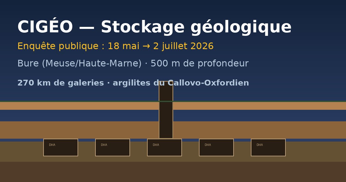 Schéma de principe du centre Cigéo de stockage géologique à Bure : galeries à 500 mètres de profondeur dans l'argilite